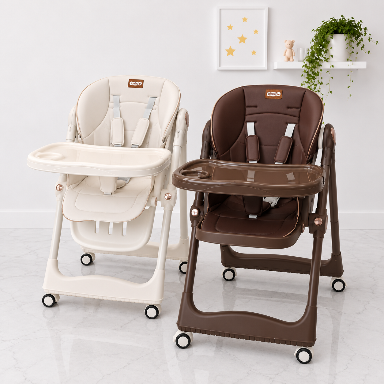 Cream-and-chocolate-baby-high-chairs.png كرسي طعام أطفال iBaby GHL2 متعدد المستويات وقابل للطي - الصورة 1