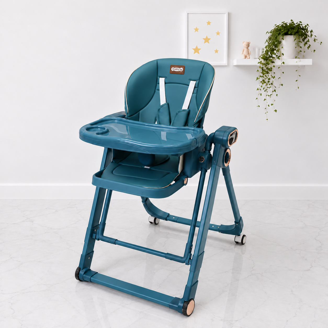 Teal-high-chair-with-restored-badge.png كرسي طعام أطفال iBaby GHL4 مع هزاز كهربائي ومستويات ارتفاع - الصورة 1